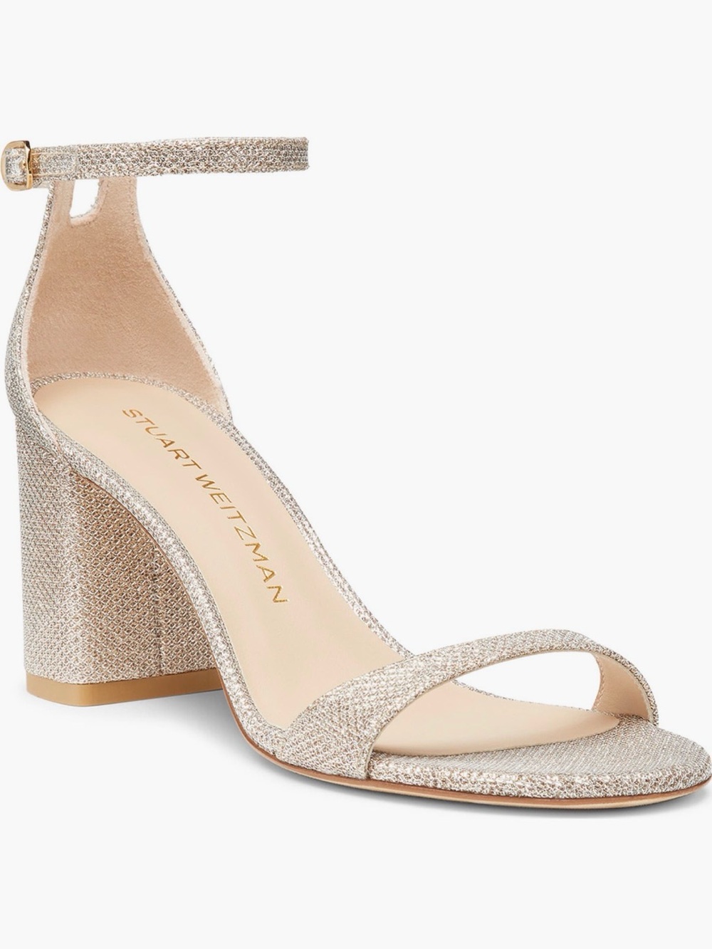 Stuart Weitzman Nudist Block 75 Glitter Block Heel Ankle-Strap Sandal Champagne